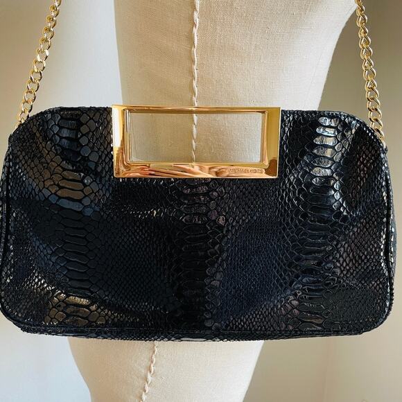 Michael Kors Black Python Embossed Patent Leather Berkley Clutch - Picture 4 of 10